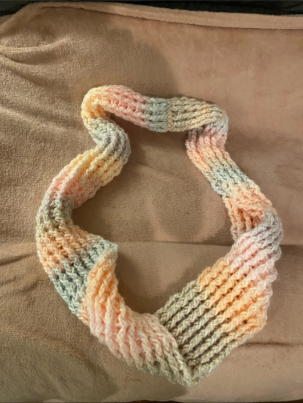 Handmade Knit Infinity Scarf in Pastel Peach, Gray & Cream